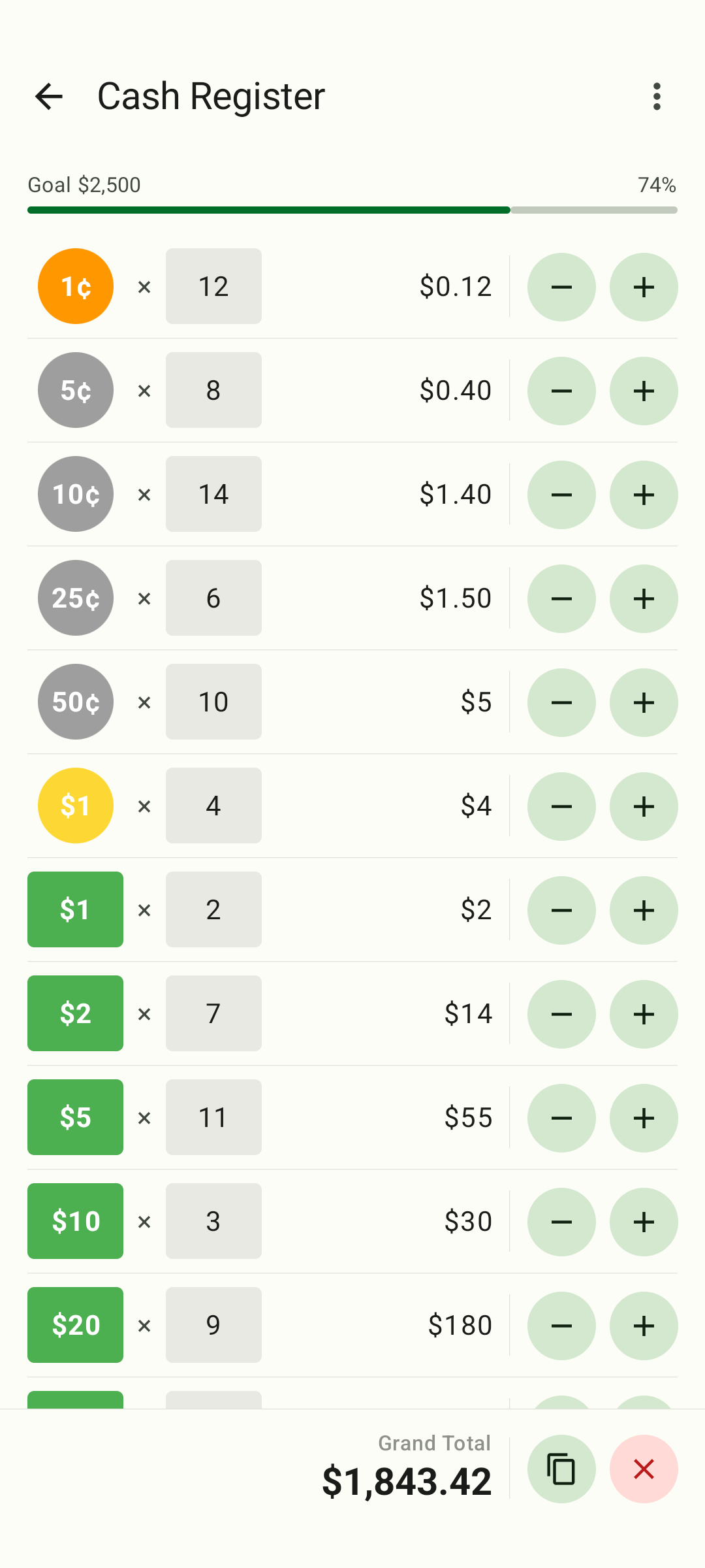 Cash Counter detail screen with denominations and running total