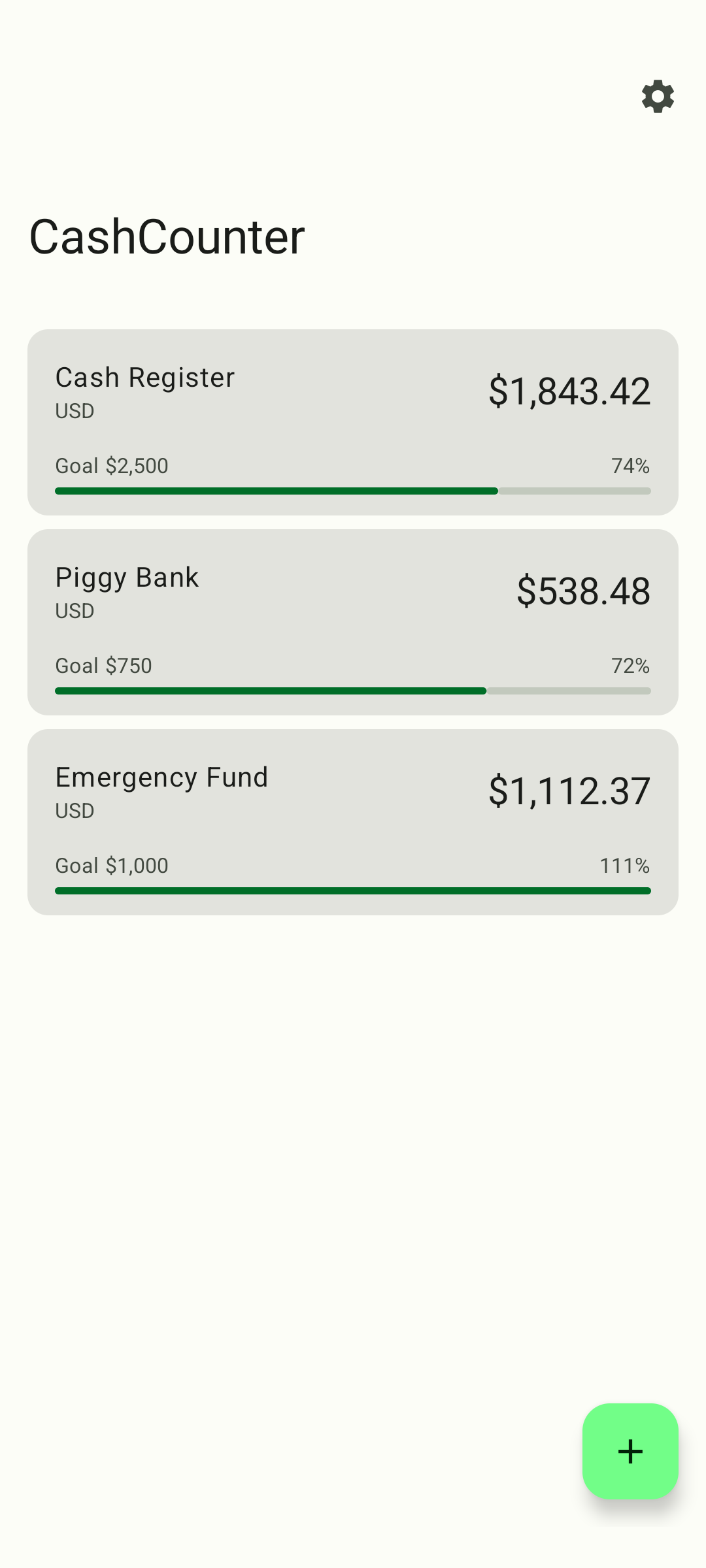 Cash Counter showing multiple counters with goal progress