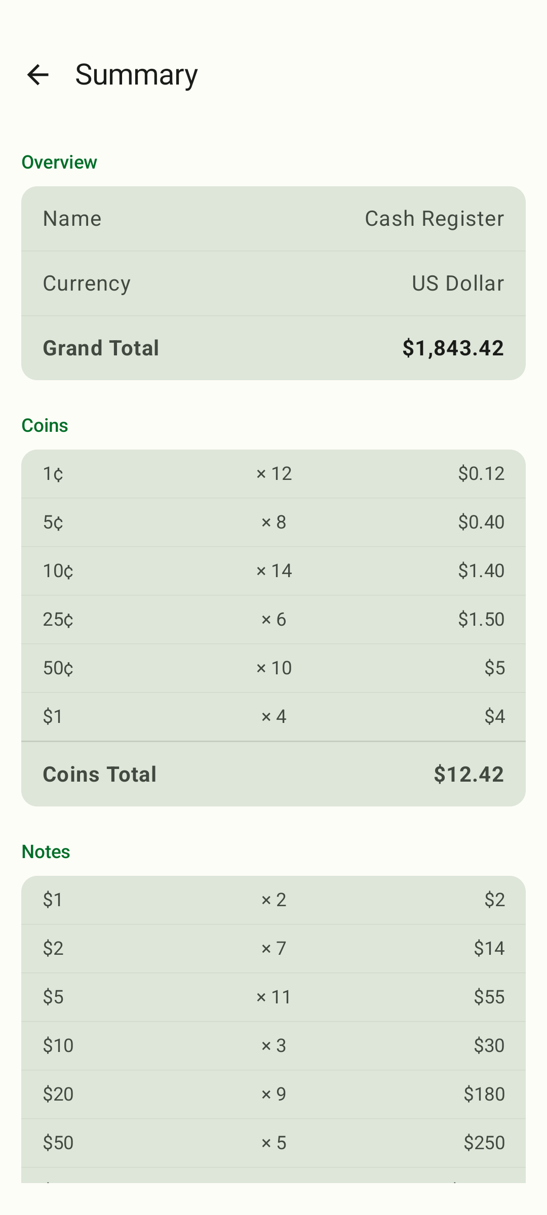Cash Counter summary screen with breakdown by denomination